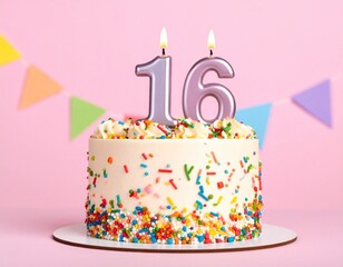 16th year birthday cake on isolated colorful pastel background