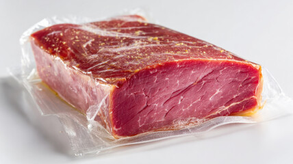 Fototapeta premium Corned beef in vacuum-sealed pack before slicing