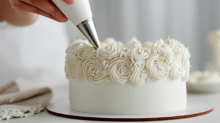 Decorating cake with piping bag and frosting