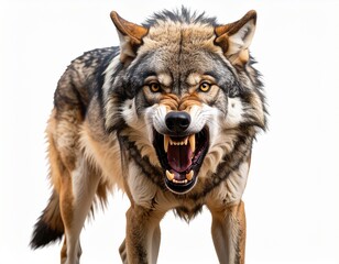 Fototapeta premium Scary wolf shows fangs, isolated on transparent background. Generative Ai