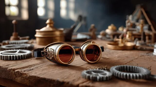 Steampunk goggles on wooden surface
