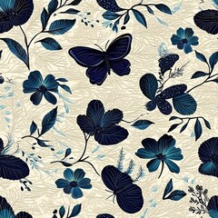 Seamless botanical pattern with dark blue flowers and foliage, featuring elegant butterflies on a textured light cream background.