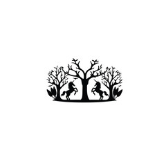 A silhouette of a forest with mythical creatures on white background