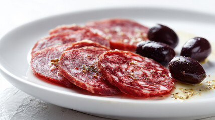 Obraz premium Sliced salami with olives on prep plate