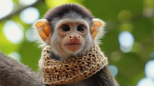 Cute Baby Monkey Wearing a Knitted Scarf, Sitting Against a Green Blurred Background