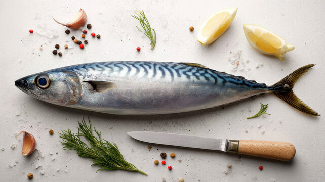 Whole raw mackerel fish with garnish and kitchen knife