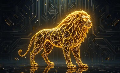 Majestic Golden Lion Digital Art Technological Background
