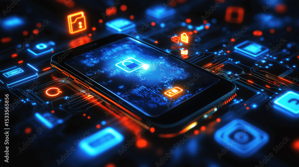 Poster smartphone surrounded by digital icons representing security and modern technology concepts