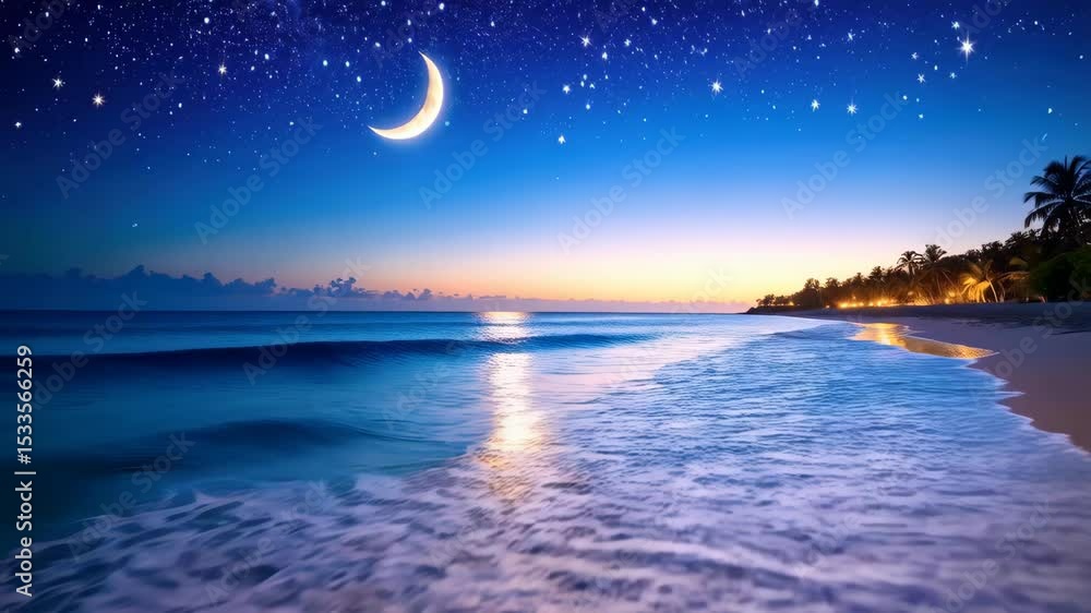 Aufkleber serene beach at twilight under a starry sky and crescent moon with gentle waves and palm trees at ni