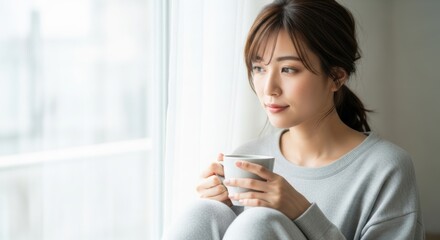 The life of a woman working with a cup of coffee in her hand.コーヒー片手に仕事をする女性の生活感