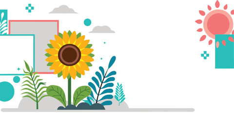 Obraz premium Illustration of a sunflower with leaves, clouds, sun, and geometric shapes on a white background