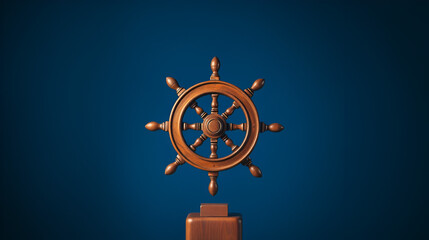 Wooden ship wheel, dark blue background, leadership concept