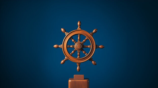 Wooden ship wheel, dark blue background, leadership concept