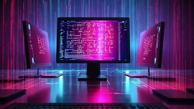 Visual representation of computer engineering with binary code and glowing monitors in a futuristic setting, Desktop and binary code Computer engineering concept Minimal cartoon style 3D render