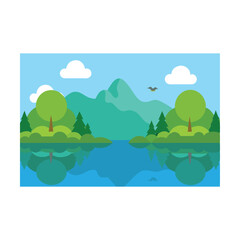 Fototapeta premium Lush summer landscape vector with trees, green hills, and mountains under a clear sky