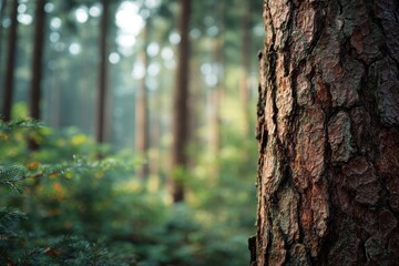 Fototapeta premium Close-up of textured tree bark, sunlight highlighting its rich brown tones, set against a softly blurred background of a misty forest
