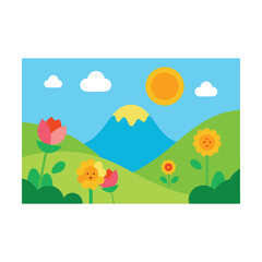 Obraz premium Autumn landscape illustration with green trees, blue sky, and flowers