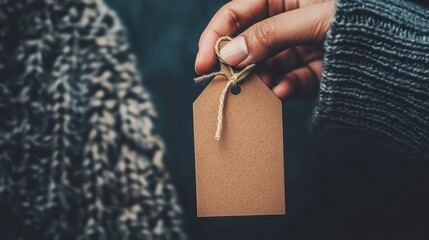 Hand holding a blank brown price tag near a textured gray sweater