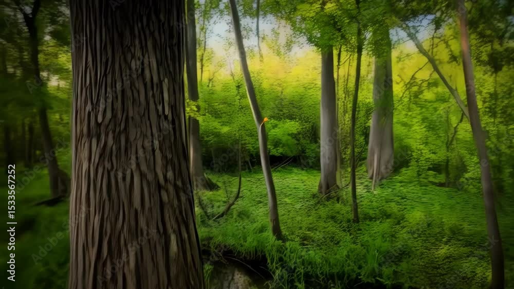 Poster close up of an old tree with intricate root system in lush green forest, sunlight filtering through 
