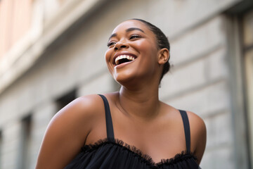 Photo of a plus-size Black ballerina laughing while ordering coffee outside an urban cafe after class, worms-eye view emphasizing her joyful posture, natural daylight, lifestyle a