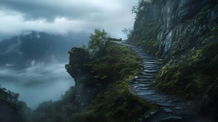 Wide-angle shot of a winding hiking trail above Lake Lucerne