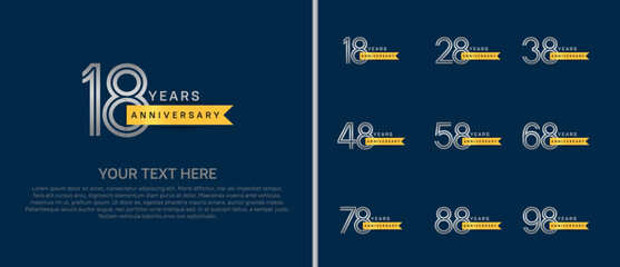 logo anniversary set. silver color with gold ribbon on blue background for special event