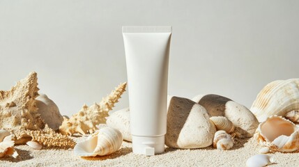 White tube sunscreen on beach