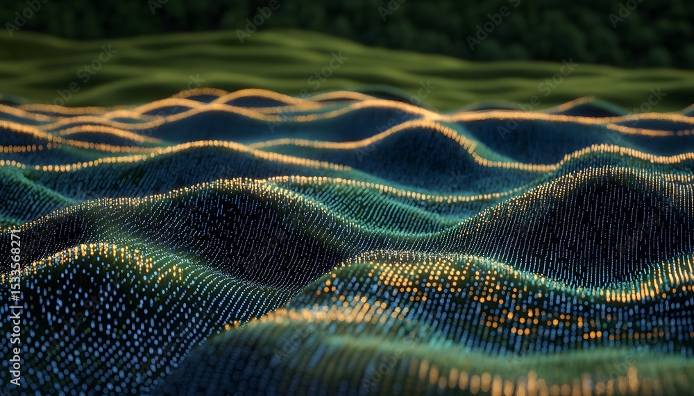 Poster abstract wavy surface with glowing points.