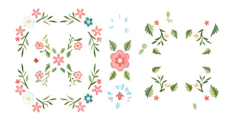Watercolor floral arrangement featuring pink and blue flowers with green leaves on a white background artfully designed