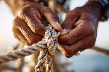 Close-up of hands tying knots on sailing boat, warm light, teamwork and preparation moment, 