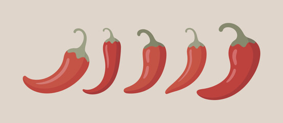 Five Red Chili Peppers in a Row Simple Illustration