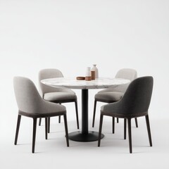 Obraz premium Minimalist dining set round marble-topped table with four upholstered chairs on dark wood legs against a white backdrop