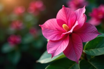 Obraz premium Vibrant pink begonia blossom, delicate petals, lush foliage , plant, vibrant
