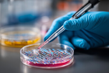 Genetic research, pipetting sample into petri dish with DNA results