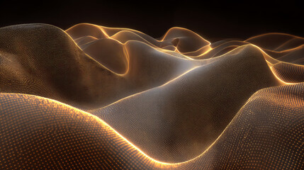 Abstract gradient particle waves seamlessly flowing with soft purple light and bokeh. Orange and blue digital waves. Technology, engineering, science, and artificial intelligence background