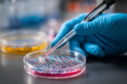 Genetic research, pipetting sample into petri dish with DNA results