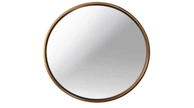 Round wall mirror featuring a sleek metallic frame and modern minimalist design isolated on white background