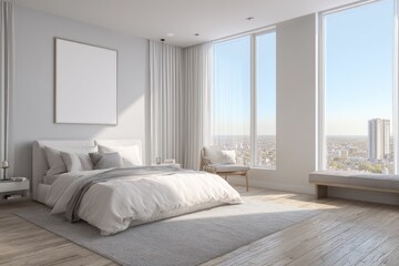 Bright, minimalist bedroom with large windows offering a city view, light wood floors, and a plush bed with neutral linens.  A simple armchair and bench complete the space