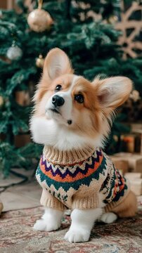 Adorable corgi puppy in festive sweater