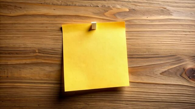 Blank yellow sticky note attached to a rustic wooden board with white clip, waiting for creative thoughts and planning or reminder memo.