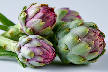 Close up, Roman artichokes on white studio setting