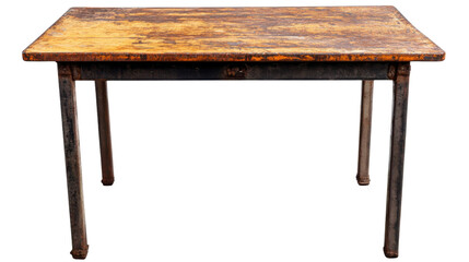 Old industrial rusty steel table with weathered surface and corroded metal texture isolated on white background