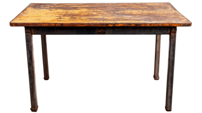 Old industrial rusty steel table with weathered surface and corroded metal texture isolated on white background