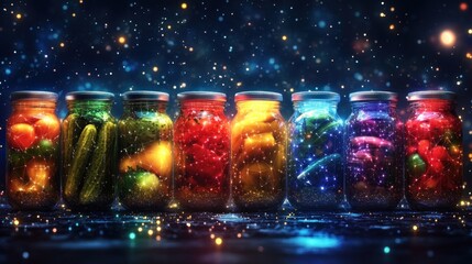 Colorful preserved vegetables in jars