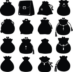 Diverse vector illustrations: A comprehensive collection of elegant black silhouettes of various bags, purses, and pouches, ideal for fashion and accessory designs.
