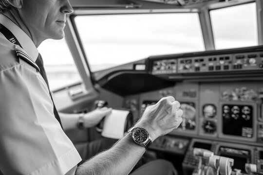 Close up, Pilot preparing for takeoff in an airport cockpit