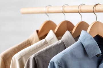 Four collared shirts hang on a light wooden clothing rack against a neutral backdrop.  The shirts are in various muted earth tones