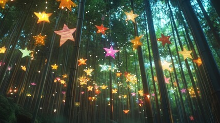 Colorful star lanterns in bamboo forest
