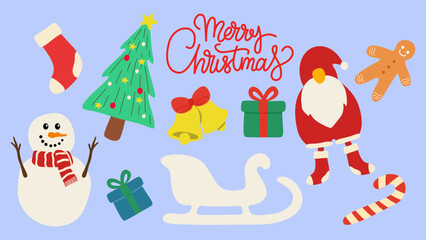 Christmas Vector Icon Set Illustration Merry Christmas, Christmas Tree, Bell, Snowman, Sleigh, Santa, Gift