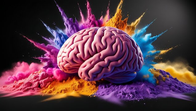 Human brain exploding with colorful powder